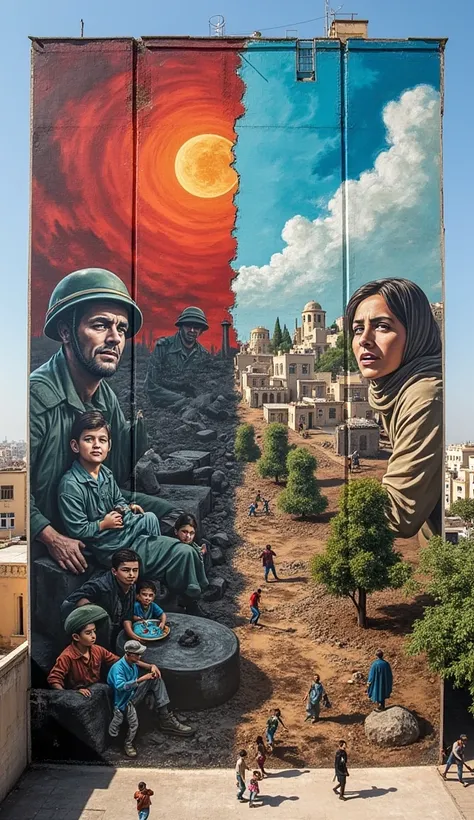 A large mural on a city wall showing intertwined images of war and peace: one side showing soldiers and civilians affected by war, while the other side depicts a community rebuilding with people planting trees, building homes, and children playing. The mur...