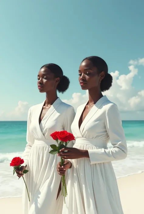 Black people in white clothes on the beach with red roses in their hands 