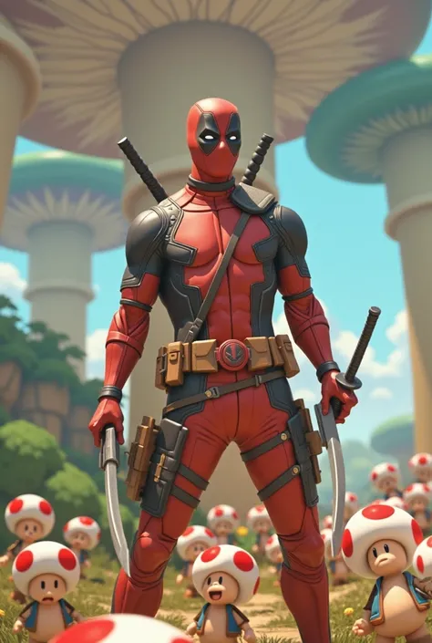 Deadpool in heroic fantasy style in the world of the game Super Mario Bros fighting against an army of Toads 