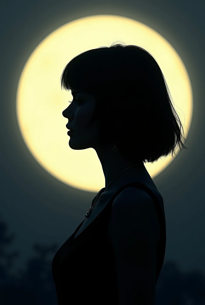 silhouette of a woman with short straight hair with the moon behind 