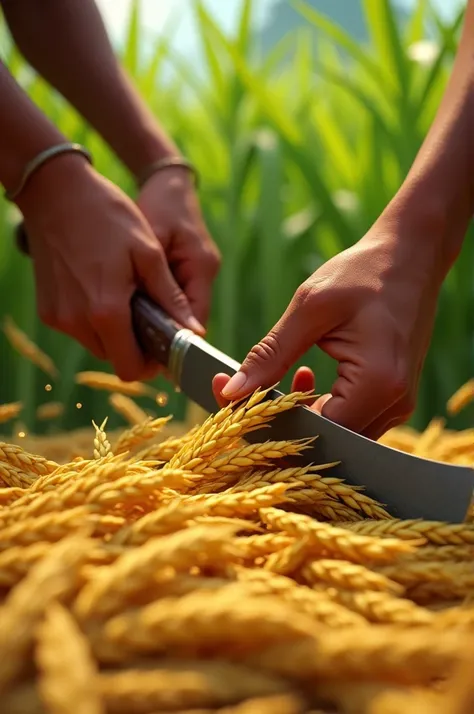 Generate 3D cinematic cartoon **Close-up of Arjun’s hands working** - Showing effort and progress in cutting the rice