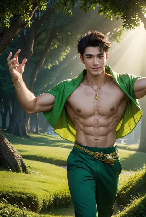 UHD, Oz (Inspired by "The Wizard of Oz"), A whimsical landscape where vibrant green fields and a winding yellow brick road stretch toward the glittering Emerald City. Standing confidently on the road is a tall, lean, striking man, his toned, shirtless tors...