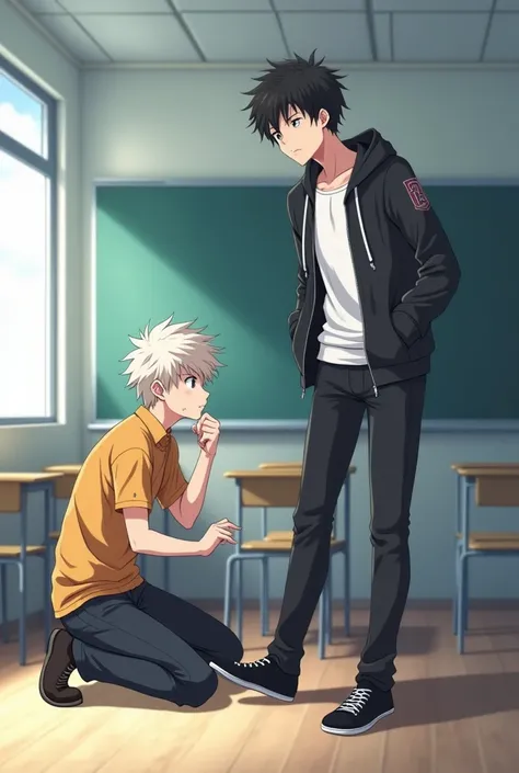 anime,two teenage boys, one on his knees with his mouth in the other&#39;s pants giving a blowjob and the other one with a foot with a right in his mouth, in the empty school room,The one who is standing has tight pants and no member is out 