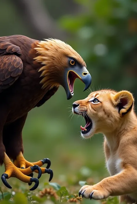 African fish eagle aggressive attacks lion cub with close up