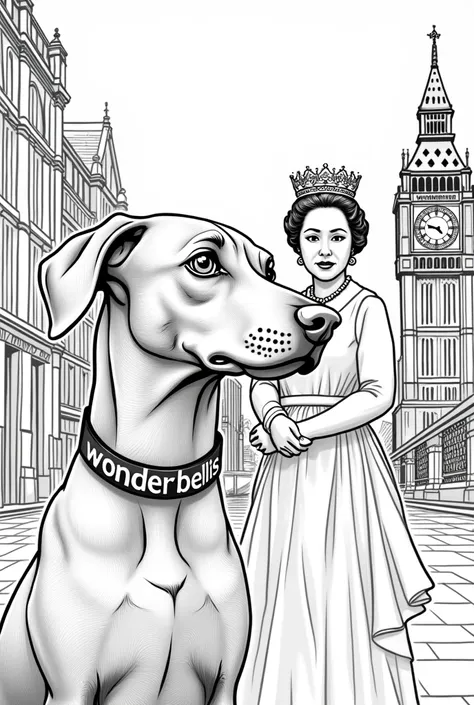 A beautiful Vizsla with big eyes in peaky blinders style in London next to the Queen wearing a collar that says “WONDERBELLIS” as a coloring page black and white 
