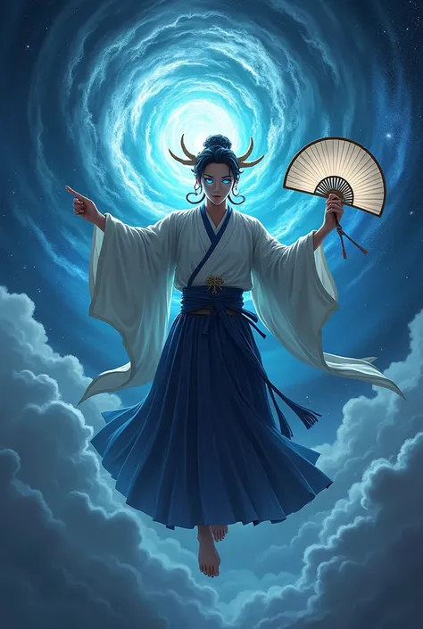 (Best Quality,4K,8k,High resolution, masterpiece:1.2),Very detailed,(Realistic,Realistic,Photorealistic:1.37),Japanese Hakama、Men&#39;s kimono、God-like man、Man flying in the sky、Holding a large fan、Ame-no-mikami-no ...、Ancient Japanese Gods、Glowing blue ey...