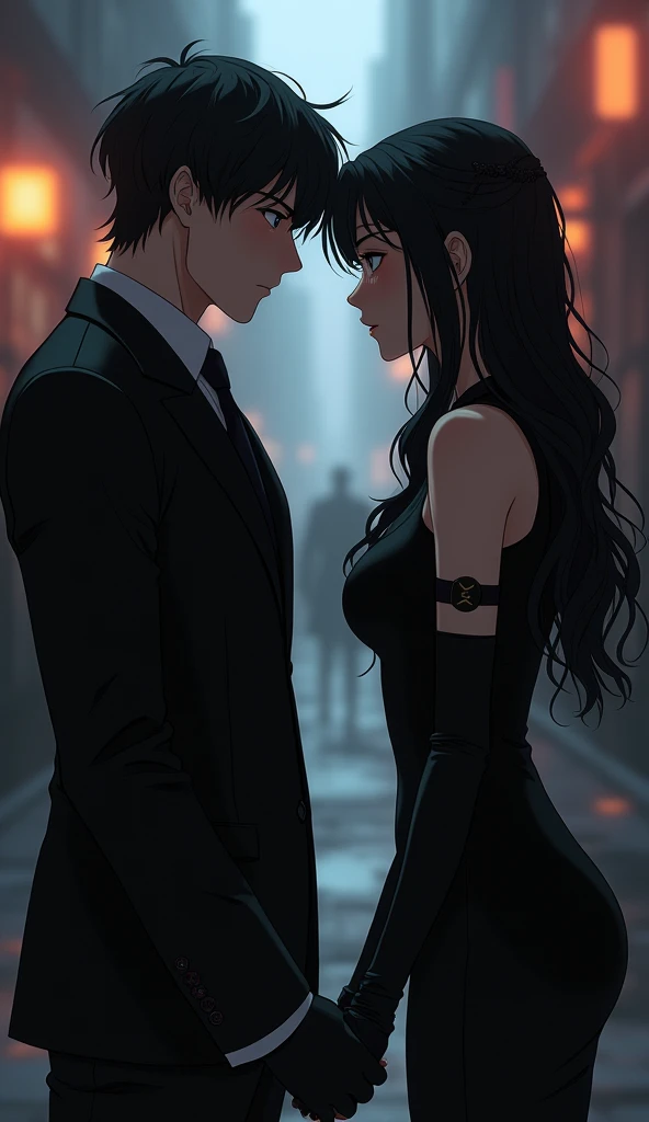 Anime two male and female couples dressed in black like mafia figures