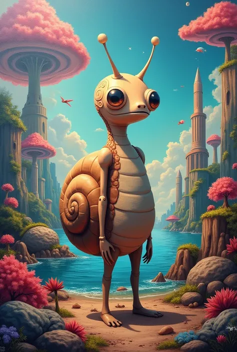 Creative backgrounds for a mural with a human snail character in the center 