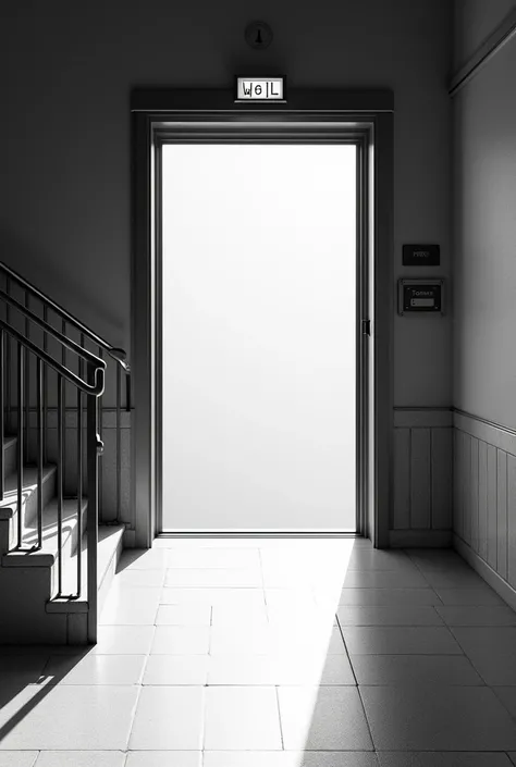  A university elevator with closed doors that has stairs with railings on the left side and a space on the right side. Black and white image 