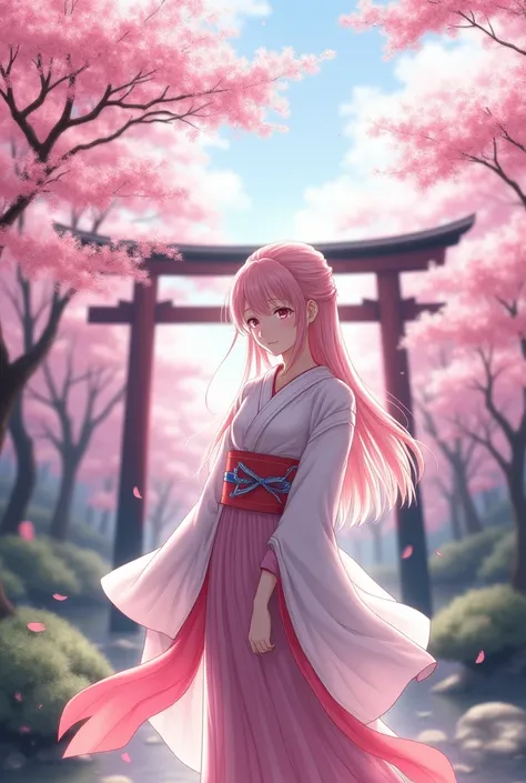 ((Masterpiece, Best Quality)), featuring a lovely girl with soft pink hair and gray eyes, dressed in a stunning white and pink kimono, standing gracefully amidst lush, blooming Sakura trees with a Torii gate in the peaceful background.