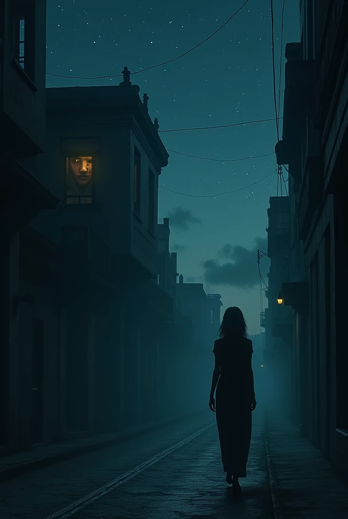 A hyper-realistic photo of a young woman of Algerian origin walking alone under a starry sky, in deserted streets. An Algerian man hidden in the shadows with piercing yellow eyes of a mysterious, mesmerizing beauty. His features are perfectly chiseled, and...