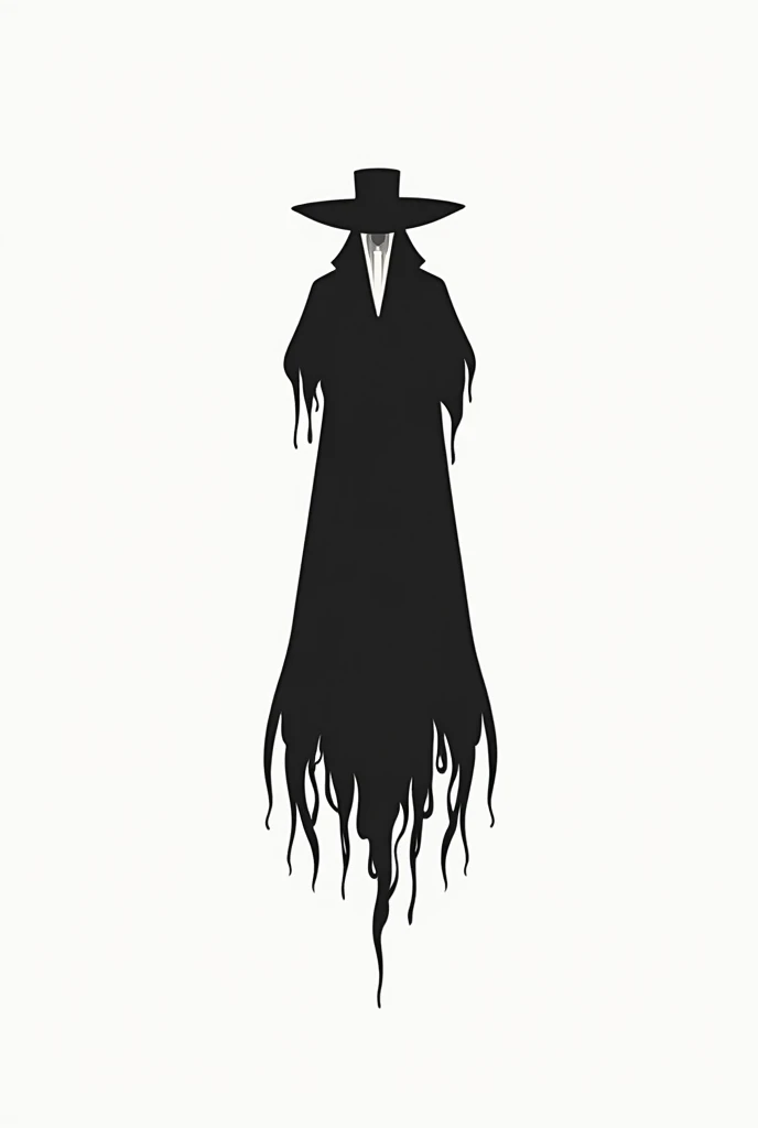 "A black and white illustration of a plague doctor. The design features a simplified silhouette with thick black lines, showing a wide-brimmed hat and the classic long-beaked mask. The body flows downwards with shapes that look like flames or abstract shad...