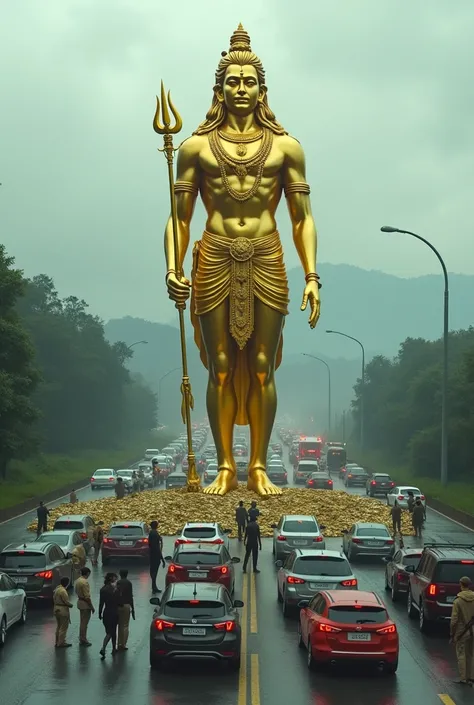 "A surreal scene on a major highway where a massive golden statue of a lord shiva  lies in the middle of the road, surrounded by piles of cash and coins. Police officers are stationed around the statue, directing halted traffic. Cars are stopped on both si...