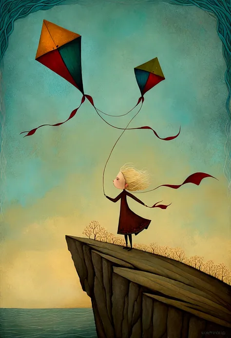 oil and acrylic painting. In the style of Andy Kehoe and Tracy Grimwood, Catrin Welz-Stein .A blond girl, On the top of a high cliff, holds back her mask-shaped kites with difficulty because of the wind.
