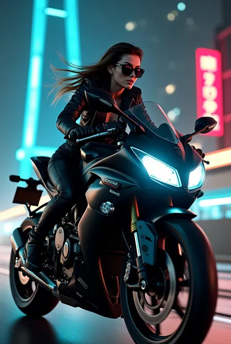 Biker girl wearing all black with glasses hair is flying she is on kawasaki h2r her background building is of full lights and riding at night 
