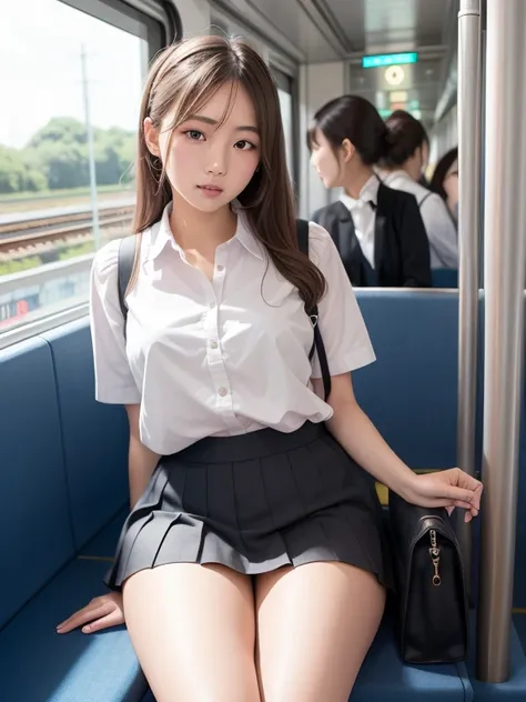 japanese schoolgirl、pleated mini skirt、face-to-face seats on the train、plump thighs、beautiful thighs、it seems visible but it&#39...