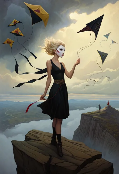 oil and acrylic painting. In the style of Tom Bagshaw . A blond girl, on the top of a high cliff, holds back her mask kites with difficulty because of the wind.
