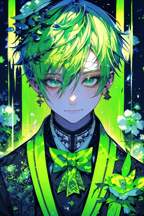 masterpiece,high quality,impasto,1boy,light green hair,((jester)),handsome,slender,ephemeral,beautiful,sad smile,white shirt,bla...