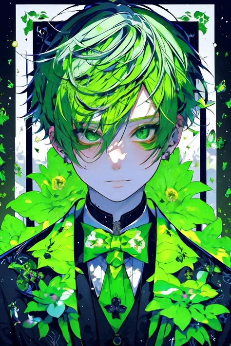 masterpiece,high quality,impasto,1boy,light green hair,((jester)),handsome,slender,ephemeral,beautiful,sad smile,white shirt,bla...