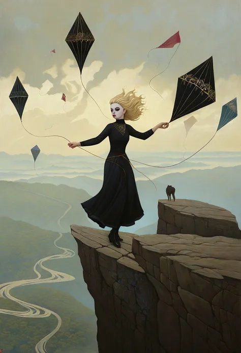 oil and acrylic painting. In the style of Tom Bagshaw, Gabriel Pacheco . A blond girl, on the top of a high cliff, holds back her mask kites with difficulty because of the wind.
