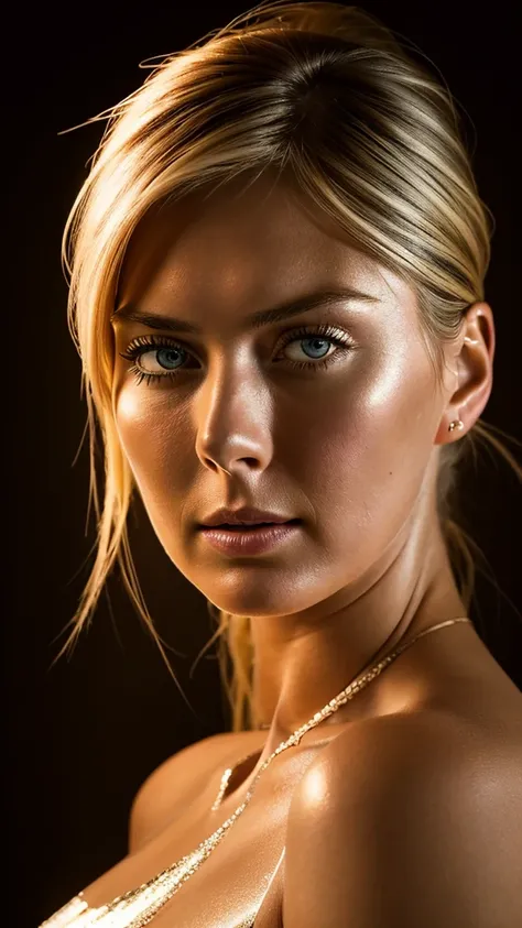 a beautiful maria sharapova, exquisite detailed facial features, high cheekbones, full lips, long lashes, glamorous hairstyle, flawless skin, elegant pose, dramatic lighting, cinematic camera angle, high fashion editorial, editorial style, vibrant colors, ...