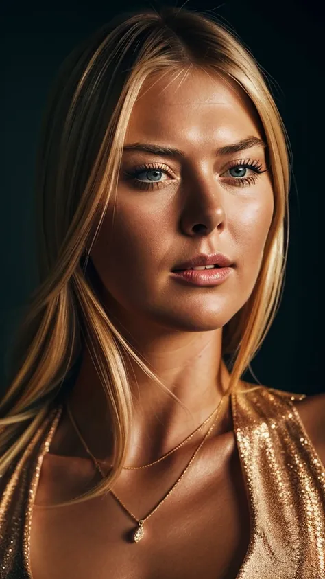 a beautiful maria sharapova, exquisite detailed facial features, high cheekbones, full lips, long lashes, glamorous hairstyle, flawless skin, elegant pose, dramatic lighting, cinematic camera angle, high fashion editorial, editorial style, vibrant colors, ...