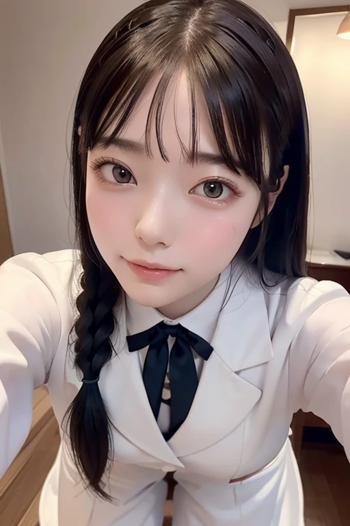 masterpiece、Selfie from below、cute、happy、Uniform、Poses that emphasize breasts and buttocks Ultra high quality, , Droopy eyes, Wearing a white mask, The background is a one-bedroom apartment in Tokyo.、realism, Surrealism, Cornrow Hairstyle, 