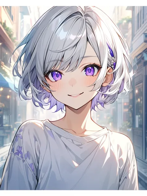 (silver_hair), (short_hair), (Purple_eye), (good looking), (Charming), (youth), (eye隠し), (detailed_hair), (detailed), (detailed_mouth), smile