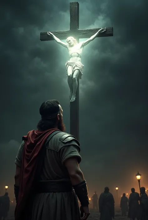 Create an image where the captain stands under the cross and looks at Jesus, the sky should be black and only a light should shine over Jesus head through the clouds, One should only see the outlines of the cross and the people. The main defect should look...