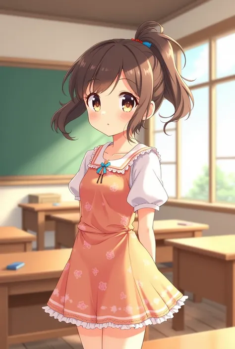 A girl with short ponytail and cute dress standing in a class anime style
