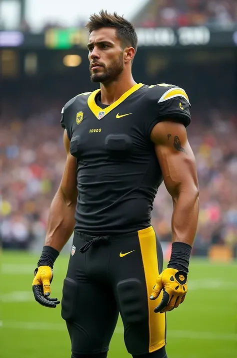 Create me a football uniform with black, white and yellow colors