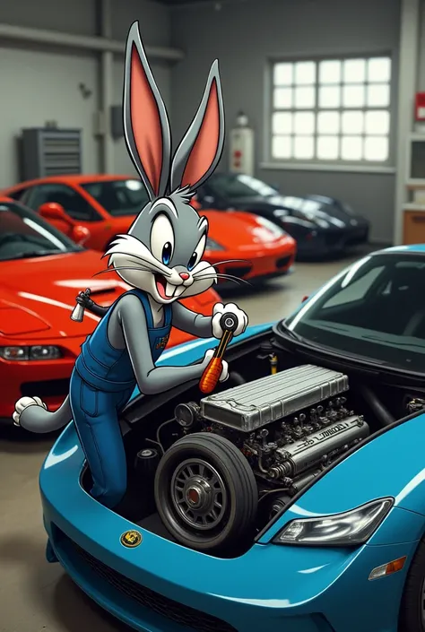 Bug Bunny as a mechanic in a mechanic&#39;s workshop with luxury cars