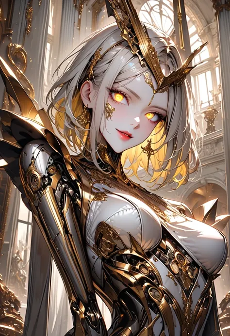 solo:1.4, feminine clockwork automaton, steel, brass, refined, gold accents, tall, slender, agile, deep-set eyes, glowing eyes, golden eyes, lips, silver hair, gold hair, two-tone hair, simple metal headband, robot, steel and brass body, exhibition, luxuri...