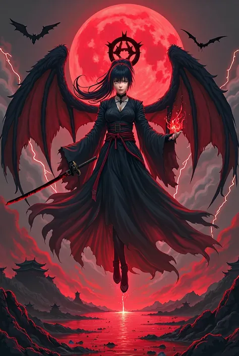 Black, red and blood-stained, female, Samurai, der von blacken Flammen umhüllt ist, with demonic wings, long Japanese ponytail, red eyes, a samurai mask and a grim expression floats in a blood moon night, with drawn, blood-stained katana, which is in the r...