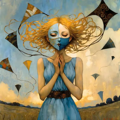 oil and acrylic painting. In the style of Dave McKean, Klimt.a blond girl in a light blue dress holds tightly in her hands the strands of her face-mask-shaped kites, which move across the sky moved by the wind.
