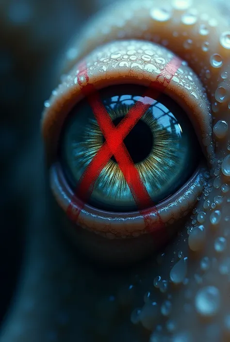 A close-up of an animals eye (e.g., an octopus) with a bold, red "X" marked through it, hinting at the extraordinary senses to be revealed. Realistic