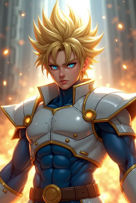 

"Generate an image of a young warrior with spiky golden hair that flows upwards, indicative of a powerful transformation. He has sharp blue eyes, a determined expression, and sweat beads trickling down his face as he prepares for battle. He is wearing a ...