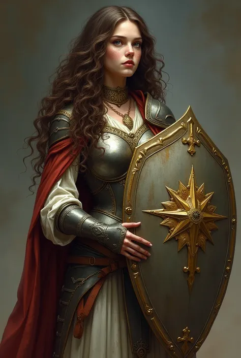 a human cleric who was once a princess, around 25 years, Lean body, with long, voluminous, curly brown hair, very pale skin and dark circles gray eyes, a slightly sad expression and freckles on her face, wearing a divine necklace and shabby armor, a shield...