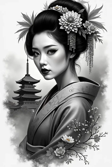 Full arm tattoo design black and gray, only geisha and temple