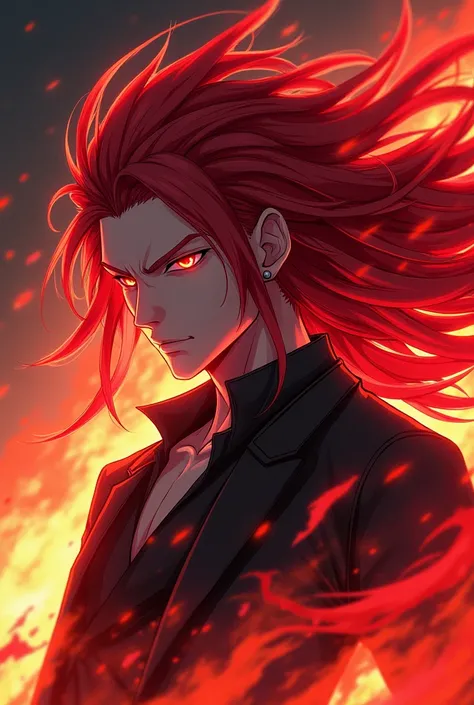 Anime man, red hair, red neon eyes, serious face, long hair, explosion or flame powers, profile pic