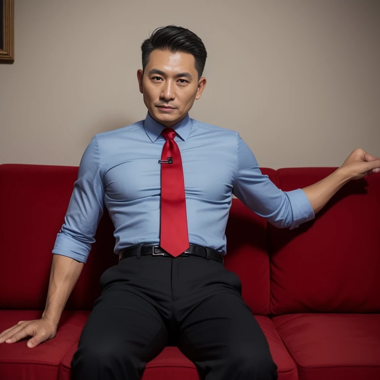 60 year old father,One Man、Black Shirt、Red tie、black slim pants、Sit on the sofa、Businessman chairman,Muscular、Buzz cut、Very short perm、Asian Face　Stubble、Gay、The crotch area of your trousers is bulging