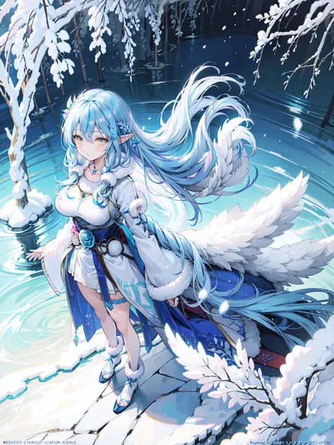 Anime girl in the snow, Fantasy illustrations, Flowing hair， Beautiful young wind elf, Beautiful fantasy anime, Shiny and flowing hair, Ethereal Anime, Beautiful anime artwork, Beautiful digital artwork, Anime Fantasy Artwork, ((Beautiful fantasy queen)), ...