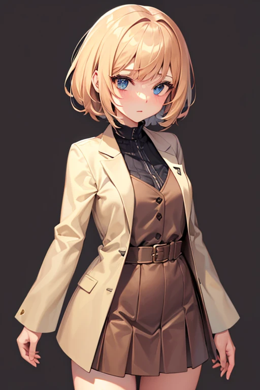 Create a girl character with a colored background and elegant brown clothes