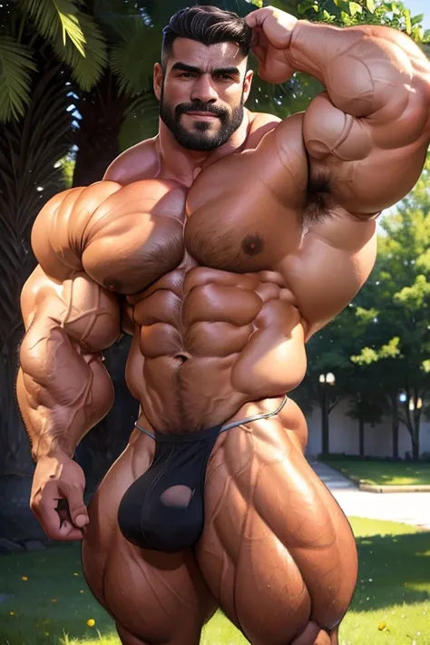 500lbs of muscle mass, realistic, park, young, sunny day, black-haired male figure with well-defined, hyper-realistic musculature (muscle definition:1.4). Chest and abdominal muscles appear toned and chiseled, with visible fibers and striations (chest musc...