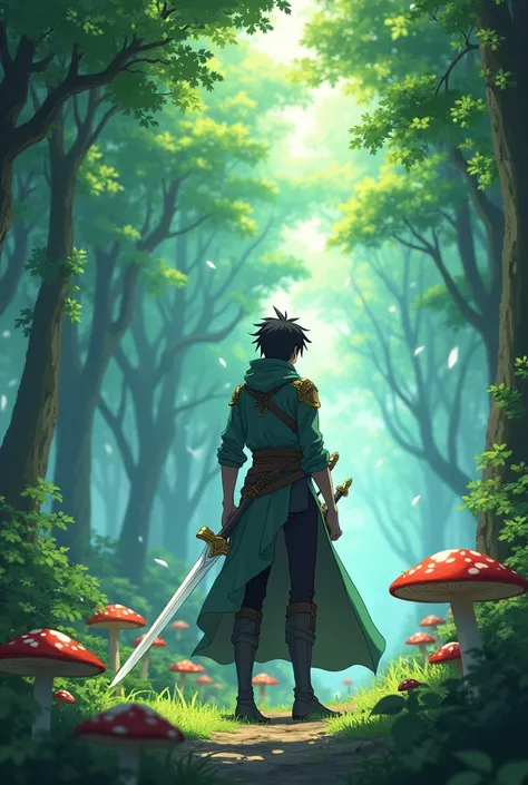 Image of magical adventurer with a sword in a forest with his back turned, anime style mushoku tensei