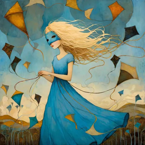 oil and acrylic painting. In the style of Dave McKean, Klimt,  Andy Kehoe . a blond girl in a light blue dress is barely holding the strings of her kites, shaped like eye-masks moved by a very strong wind.
