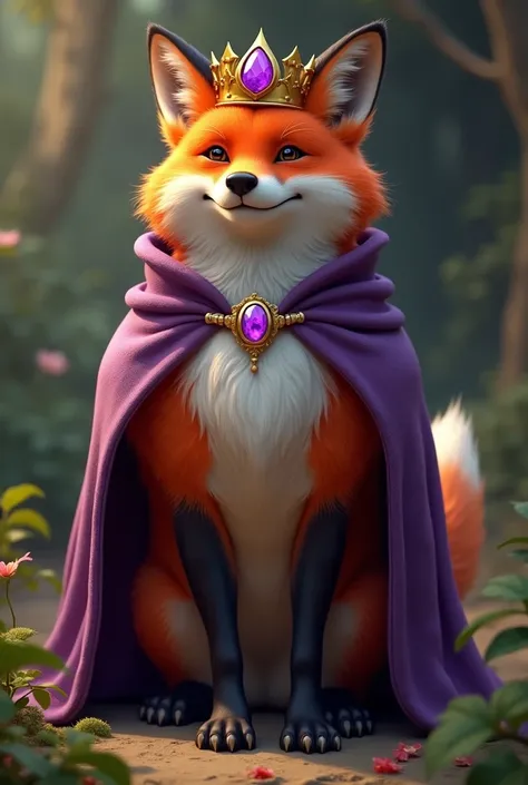 a red fat fox in a natural background wearing a crown with purple jewel and a purple cape