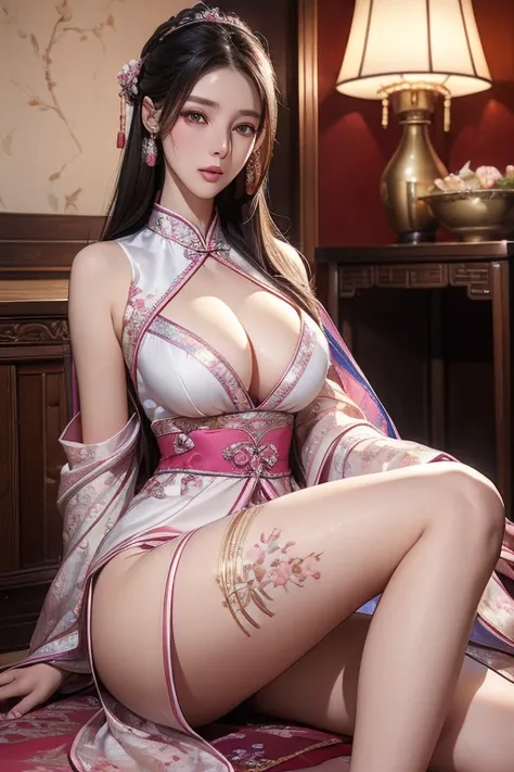 ((Surreal、Ultra-realistic))、Beautiful Chinese woman、Super delicate face、Ultra-detailed eyes and face、Glossy Lips、Moist eyes、Colorful Hanfu with gorgeous embroidery、(Silk stockings)、High heels、squat、Spread your legs、Spread your legs、Long, slender legs、Cleav...