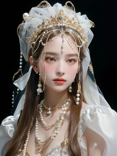 a woman with long hair wearing a white dress and a veil and golden eyes, baroque hair, pearls and chains, inspired by jean jouve...