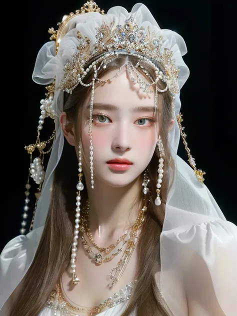 a woman with long hair wearing a white dress and a veil and golden eyes, baroque hair, pearls and chains, inspired by jean jouve...